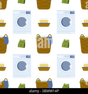 Colorful pattern of laundry appliances and baskets in a cheerful laundry room setting Stock Vector