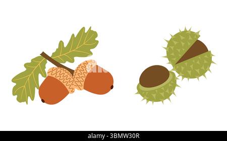 Fall elements vector set acorns, chestnuts in flat design style Stock Vector