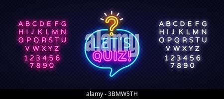 Lets quiz glowing bubble with font pack. Vector design includes speech shape, question mark and full alphabet set in neon style. Best for fun games Stock Vector