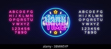 Quiz vector badge with colorful letters. Neon style phrase QUIZ TIME with glowing alphabet and numbers on transparent background.  Stock Vector