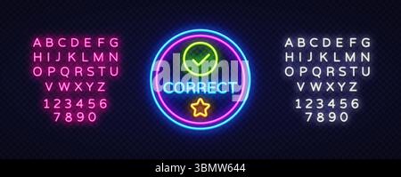 Circular glowing badge with check mark and word CORRECT in bright tones. Includes a yellow-orange star. Stock Vector