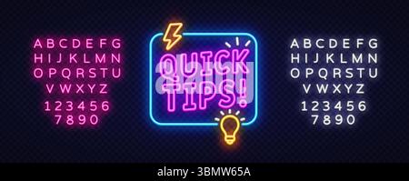 Quick tips vector banner with icons. Neon square frame, lightbulb, and glowing fonts on dark checkered background. Stock Vector