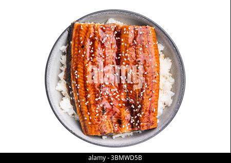 Unagi don or Japanese grilled eel rice in a bowl isolated on white background. top view. Stock Photo