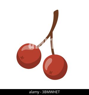 Cartoon style illustration of two red berries on a branch, resembling rowan or viburnum. Cartoon vector illustration Stock Vector