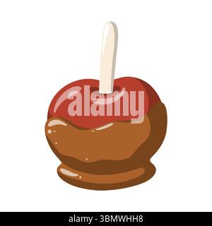 Sweet apple in caramel on stick. Autumn and Halloween treat. Cartoon vector illustration on white background.  Stock Vector