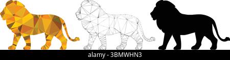 Geometric Lion Silhouette Low-Poly, Wireframe, and Solid Black Variations Stock Vector