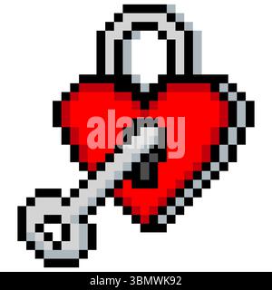 Heart shaped padlock with key in pixel art Stock Vector