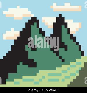 Mountain and river landscape in pixel art style Stock Vector