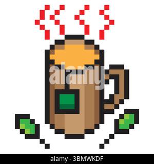 Hot tea mug in pixel art Stock Vector