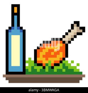 Grilled chicken thigh meat with wine bottle in pixel art style Stock Vector