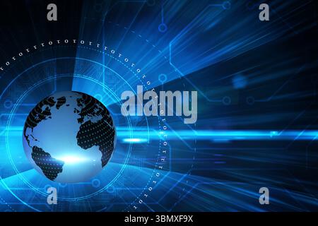 Digital Earth globe shining in futuristic flat design, featuring binary ring and circuit patterns Stock Photo