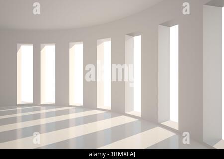 Seven tall narrow windows are casting light bands across floor and curved wall in flat design Stock Photo