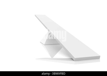 Geometric sculpture is balancing rectangular prism diagonally on wedge on reflective plane in 3D Stock Photo