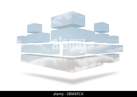3D sky-textured prisms are forming abstract floating cube structure in white void, copy space Stock Photo