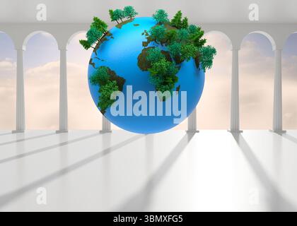 Stylized Earth globe is floating in hall among white columns and arches, showing miniature trees Stock Photo