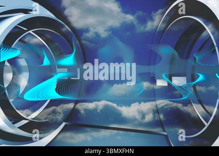 Abstract 3D-rendered rings are forming cylinder in cloudy sky and cyan waveforms are weaving Stock Photo