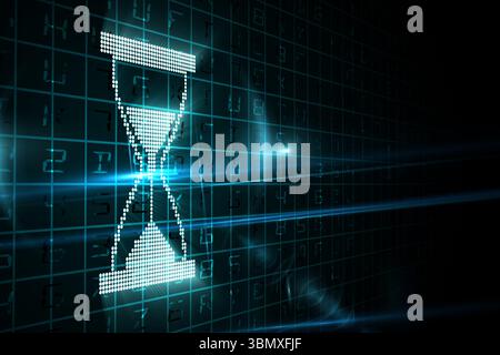 Dot-matrix hourglass is glowing in flat design on dark grid, with blue light beams and flares Stock Photo
