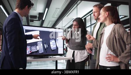 African American Woman Presenting On 3D Aerospace Design Technology. Stock Photo