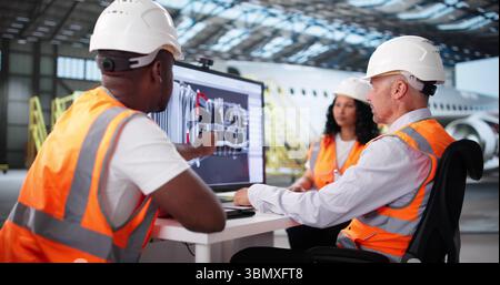 Diverse Team Of Technicians Draft Aircraft Engine Design On Computer. Stock Photo