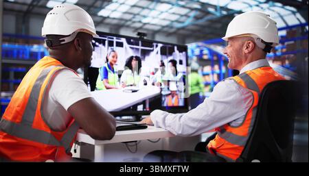 Team Of Logistic Warehouse Professionals In Video Conference Business Meeting. Stock Photo