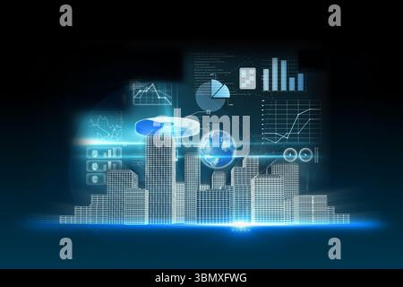 Holographic wireframe city skyline is emerging in 3D with glowing grid, pie chart rotating globe Stock Photo