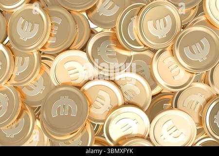 Pile of gold euro coins is shimmering with embossed symbols in 3D metallic render, copy space Stock Photo