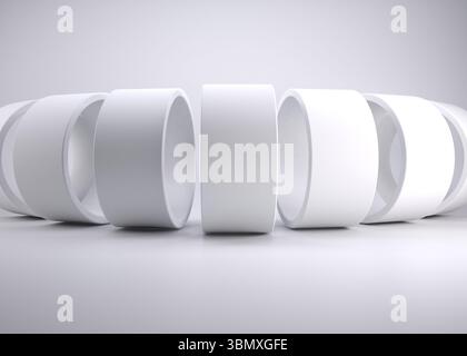 Minimalist 3D render is showing white cylindrical rings arranged in line on seamless white backdrop Stock Photo