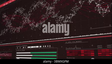 Stylized dashboard is displaying 3D graph with waveform, data panels and scanning status on dark UI Stock Photo