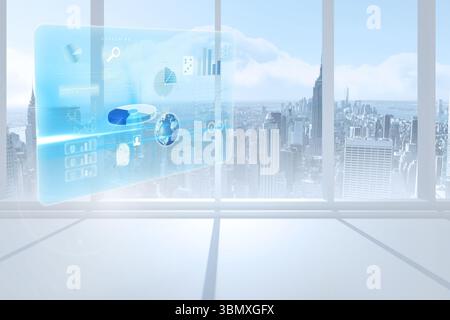 Blue holographic dashboard is hovering over highrise office, showing charts, globe in 3D render Stock Photo