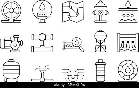 Water Infrastructure and Plumbing Stroke Icon Collection. Includes Pipes, Pumps, Hydrants, Filters, and More. Editable Outline Icons. Stock Vector