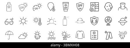 Sun Protection and UV Safety Stroke Icon Collection. Includes Sunscreen, SPF, UV Shield, Summer Clothing, and More. Editable Outline Icons. Stock Vector