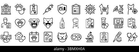 Veterinary and Pet Care Stroke Icon Collection. Includes Vet, Paw, Syringe, Medicine, Cat, Dog, and More. Editable Outline Icons. Stock Vector