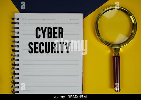 Cyber Security text with magnifying glass on yellow background Stock Photo