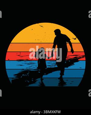 Father and Daughter Walk Design with Vintage Sunset for T-Shirts and Gifts Stock Vector