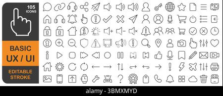 Basic UX UI editable stroke line icons set. Thin line User interface web icon, website, mobile app , linear icon collection. Vector illustration image Stock Vector