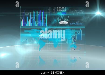 Futuristic 3D render showing data dashboard floating over mirror floor, displaying charts, map Stock Photo