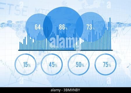 Flat design data infographic is showing overlapping blue circles, bars and rings on world map Stock Photo