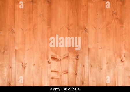 Smooth wooden plank surface is featuring flat design with sheen, warm brown grain patterns and kno Stock Photo