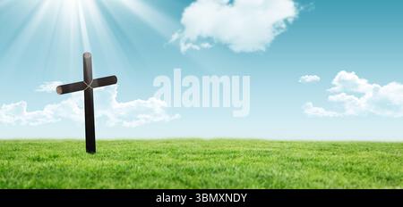 Flat vector wooden cross standing in lush meadow, sunlight streaming through clouds Stock Photo