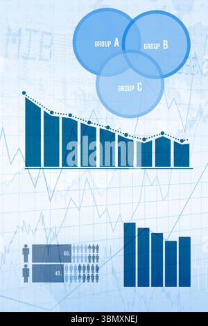Flat design infographic is showing overlapping Venn diagram, bar charts, gender pictograms Stock Photo