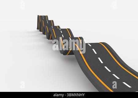 Asphalt road is undulating on white background in 3D render with dashed lines and yellow stripes Stock Photo