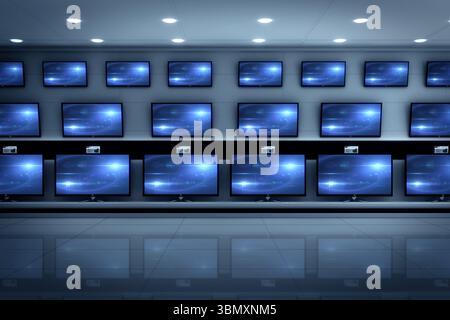 Flat design store is showing TVs with blue cosmic motif on shelves and price-tags under spotlights Stock Photo