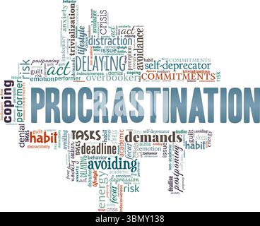 Procrastination word cloud conceptual design isolated on white background. Stock Vector