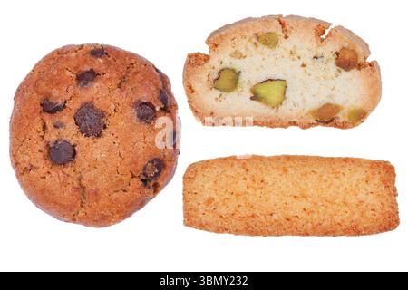 It is Chocolate chip,coconut,biscotti cookies isolated on white. Stock Photo