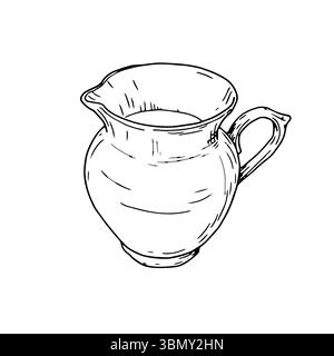 Ceramic jug for water or milk, sketch in black and white ink. Vector illustration. Decanter with a handle for bathroom, insulated on white background. Stock Vector