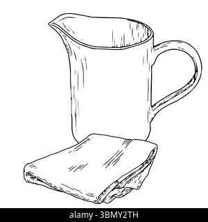 Ceramic jug for water or milk and a folded towel, a sketch in black and white ink. Vector illustration. Decanter with handle for the bathroom, insulat Stock Vector