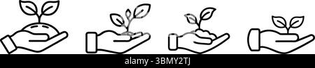 Hands nurturing young plants symbolizing growth care and the beginning of life in a simple line art icon set Stock Vector