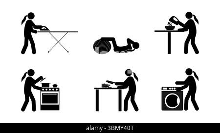 Set of stick figures, cooking and housework. Black silhouettes on white background, flat vector illustration. Stock Vector