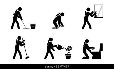 Set of stick figures, cleaning in the bathroom and house, flat vector illustration. Stock Vector