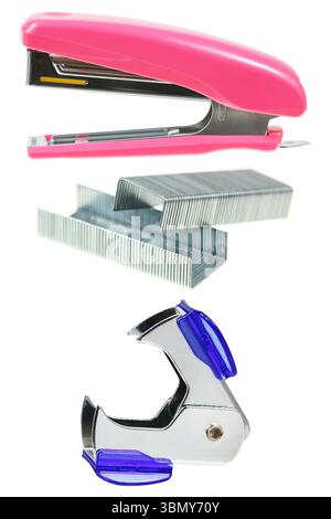 It is Stapler,staples,staple remover isolated on white. Stock Photo